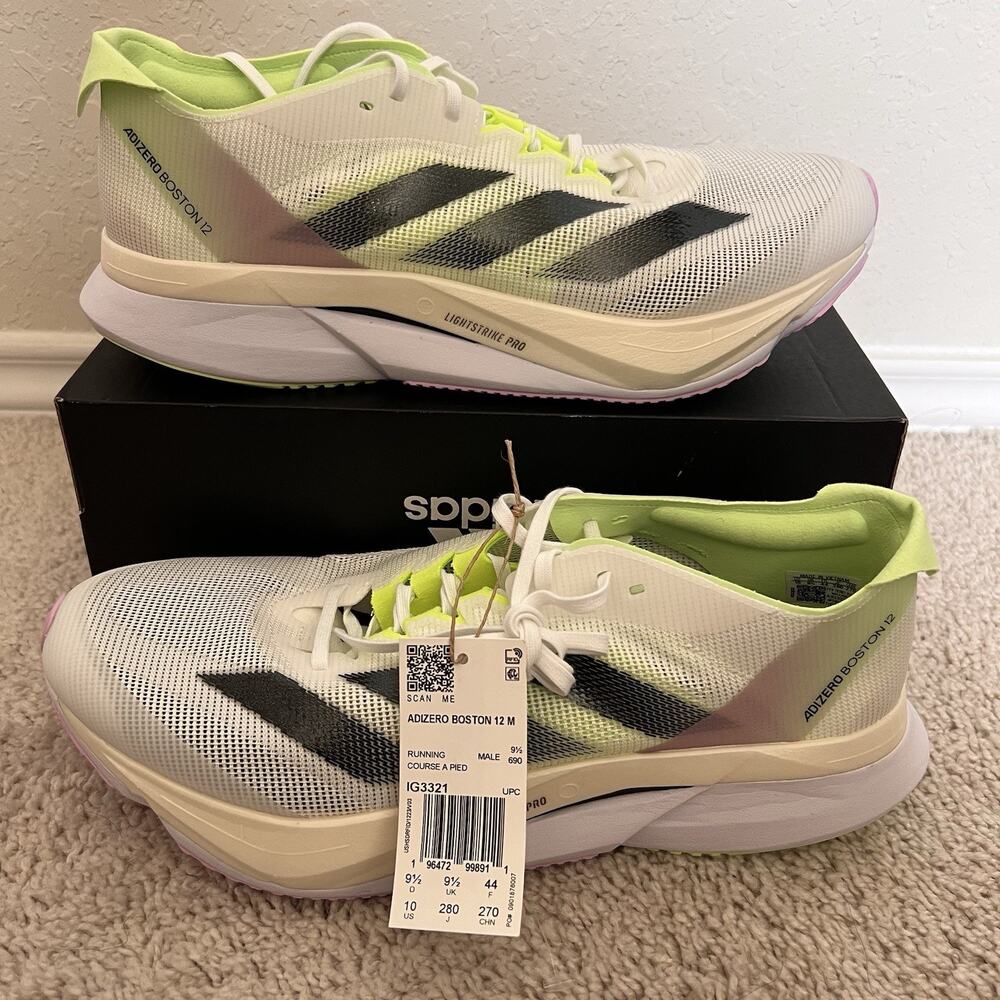 adidas Adizero Boston 12 Men Running Shoes White Green Spark IG3321 Size 10 NWT